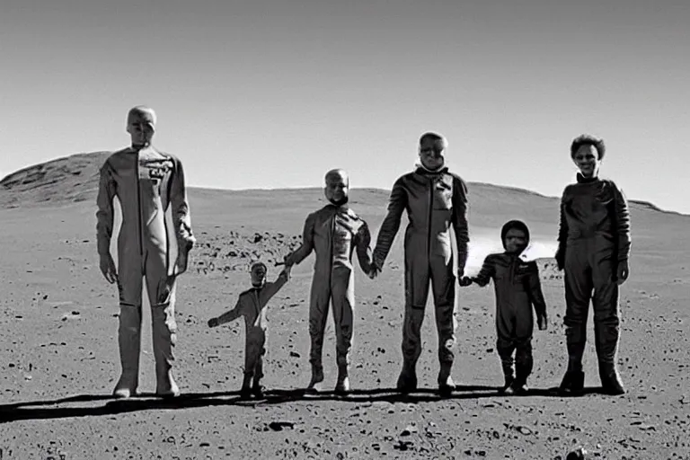 Prompt: family photo of alien family on mars, photo, 1 9 6 0 s
