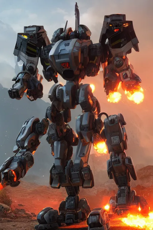 Image similar to mechwarrior 5 : mercenaries mech megaman transformer robot boss tank engine game octane render, 4 k, hd 2 0 2 2 3 d cgi rtx hdr style chrome reflexion glow fanart, global illumination ray tracing hdr fanart arstation by sung choi and eric pfeiffer and gabriel garza and casper konefal pixar and disney unreal zbrush central hardmesh