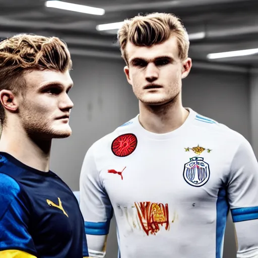 Image similar to a realistic detailed photo of a guy who is an attractive humanoid who is half robot and half humanoid, who is a male android, soccer players martin ødegaard & timo werner, shiny skin, posing like a statue, blank stare, in a factory, on display, showing off his muscles, gold soccer shorts, side view, looking at each other mindlessly