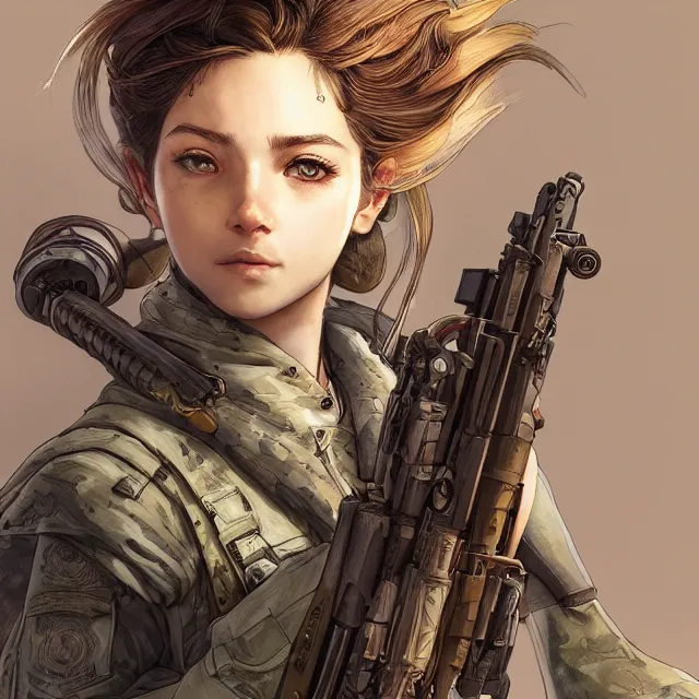 Prompt: the portrait of lawful neutral semi - colorful female infantry sniper as absurdly beautiful, gorgeous, elegant, young woman looking up, an ultrafine hyperdetailed illustration by kim jung gi, irakli nadar, intricate linework, bright colors, octopath traveler, final fantasy, unreal engine 5 highly rendered, global illumination, radiant light, detailed and intricate environment