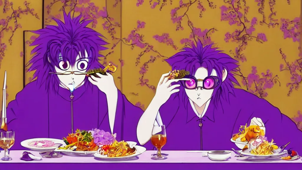 Image similar to a woman wearing a purple dress suit and a purple lion mask eating dinner at a fancy restaurant in Tokyo, anime film still from the an anime directed by Katsuhiro Otomo with art direction by Salvador Dalí, wide lens