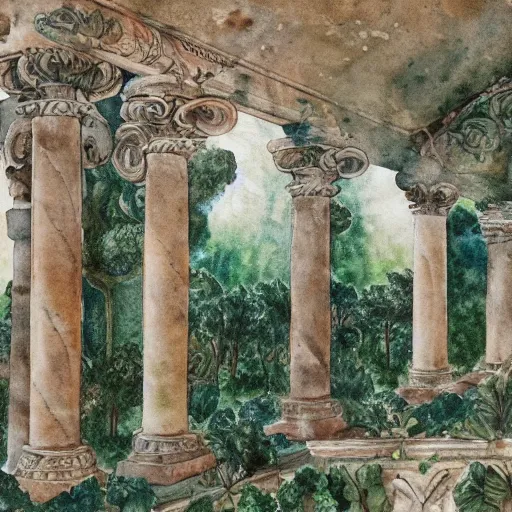 Image similar to delicate marble garden on paper floating puffy vines botanical 1 9 2 0 herbarium botanic watercolors coastline iridescent 8 k wide angle realistic shaded fine details, artstation italian rainbow colonnade oak pinecone gardena architecture pompeii rome naples sicily, boundary wall