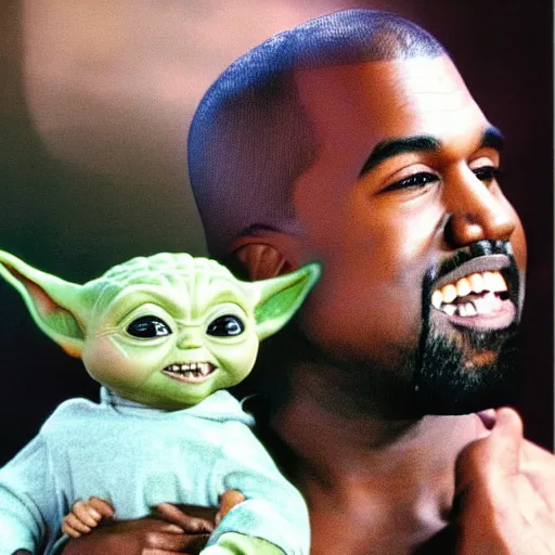 Image similar to kanye west smiling and holding holding baby yoda for a 1 9 9 0 s sitcom tv show, studio photograph, portrait c 1 2. 0