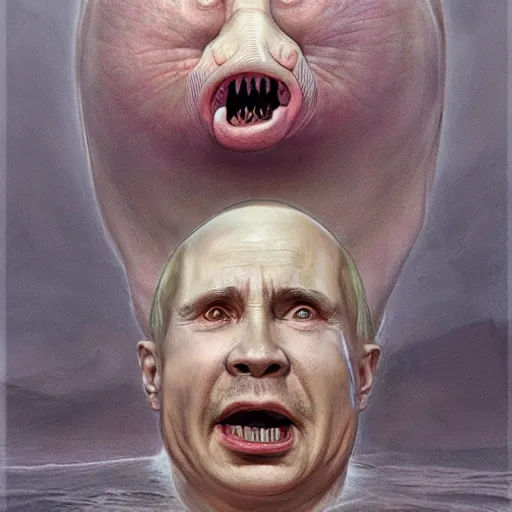 prompthunt: vladimir putin blobfish, blobfish putin hybrid, putin face,  vladimir putin anthropomorphic transformation, macabre, horror, by donato  giancola and greg rutkowski and wayne barlow and zdzisław beksinski,  realistic face, visible face, digital