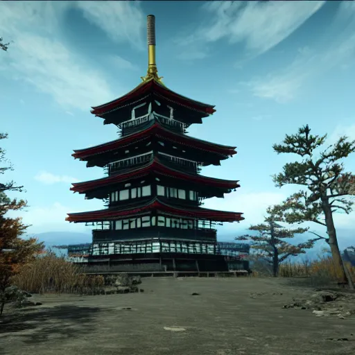 Image similar to chureito pagoda at mount fuji in ruins post - nuclear war in fallout 4, in game screenshot