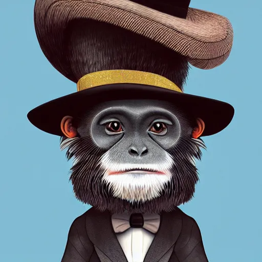 Image similar to digital illustration of a emperor tamarin monkey wearing a top hat, deviantArt, artstation, artstation hq, hd, 4k resolution