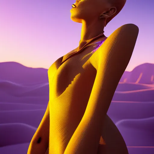 Prompt: woman wearing purple theme, avant-garde art, deco fashion, highly detailed, photorealistic portrait, serene desert setting, golden hour, crisp quality and light reflections, unreal engine 5 quality render