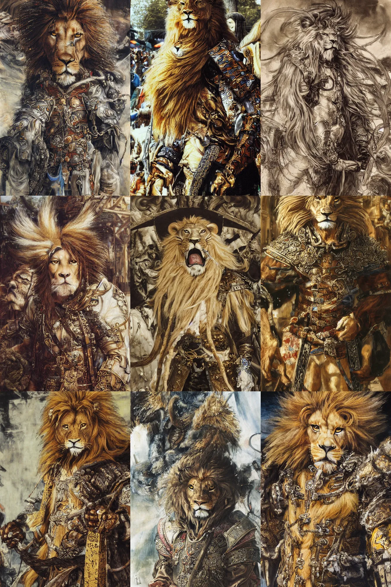 Image similar to 8 k yoshitaka amano painting of upper body of a young cool looking lion beastman with white mane at a medieval market at windy day. depth of field. he is wearing complex fantasy clothing. he has huge paws. renaissance style lighting.