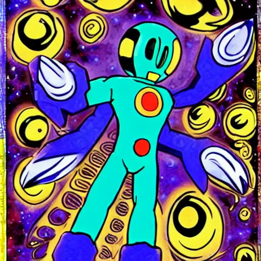 Image similar to galaxyman ( from megaman 9 ) in the style of hirohiko araki