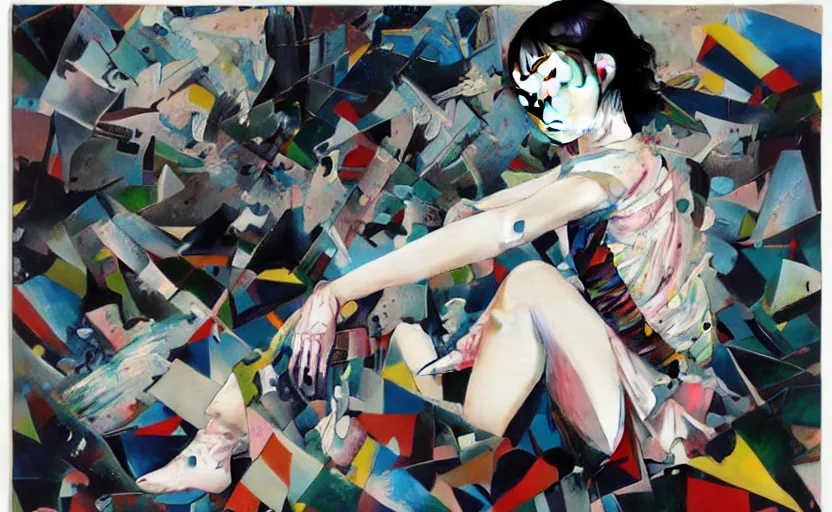 Image similar to decollage painting young japanese actress struggling in a ruined city by adrian ghenie and takato yamamoto and edward hopper and mark ryden and tsutomu nihei, part by bridget riley, acrylic pour and splashing paint, very coherent, baroque elements, perfect anatomy, intricate design. pop art.