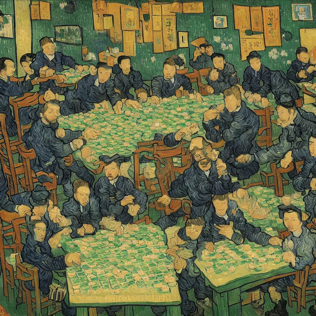 Image similar to van gogh plays mahjong in chengdu, highly detailed