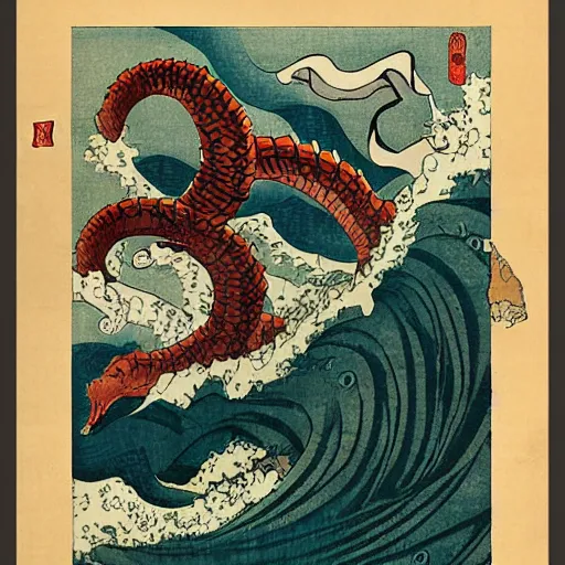 Image similar to hydra emerges from the stormy sea, ukiyo-e print