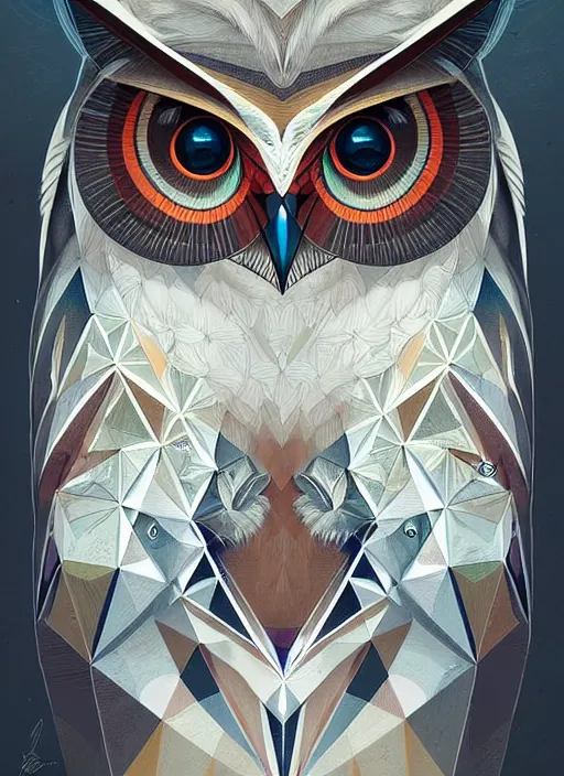 Image similar to portrait of a geometric owl, identical eyes, medium shot, illustration, full body made of white feathers, symmetrical, art stand, super detailed, cinematic lighting, and its detailed and intricate, gorgeous, by peter mohrbacher