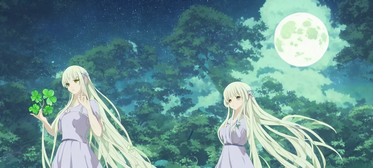 Image similar to Illyasviel holding floating green crystal | ghibli clover | Big Moon at Blue Night | Trees with white flowers | bioluminescent blue FLOWERS | strong blue rimlit | visual-key | anime illustration | highly detailed High resolution | Light Novel | Visual Novel | Gosick