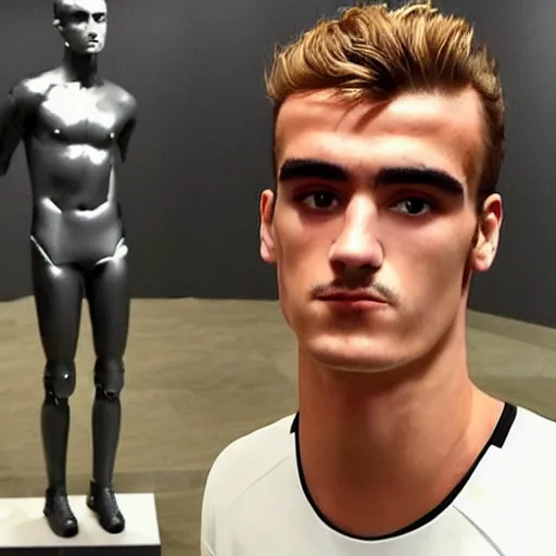 Image similar to “ a realistic detailed photo of a guy who is an attractive humanoid who is half robot and half humanoid, who is a male android, soccer player antoine griezmann, shiny skin, posing like a statue, blank stare, at the museum, on display ”