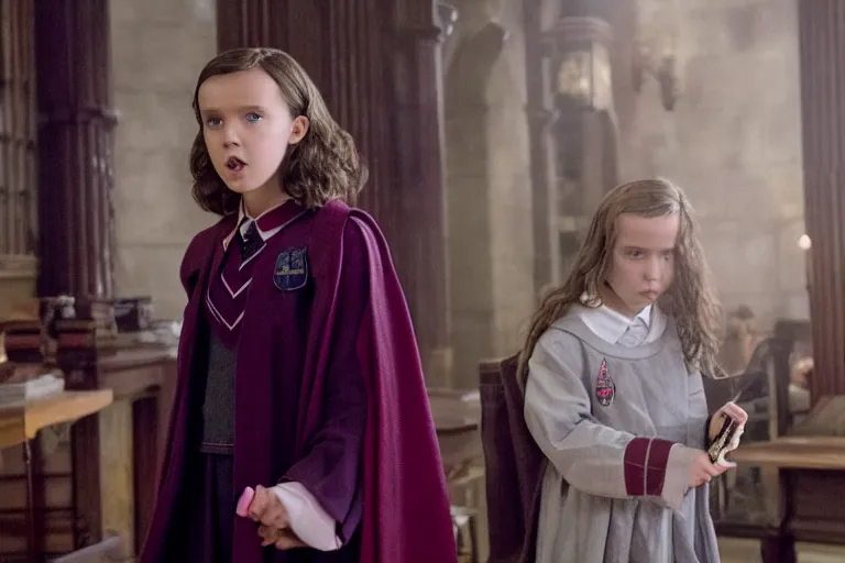 Image similar to film still Millie Bobby Brown as Hermione Granger wearing hogwarts uniform in Harry Potter movie