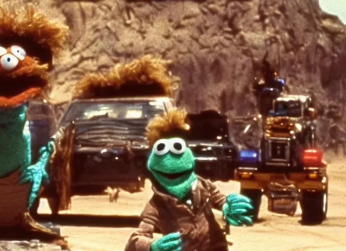 Image similar to scene from the 1979 science fiction film Muppet Mad Max