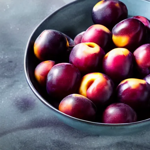 Image similar to a bowl filled with freshly picked plums. volumetric lighting. 4 k