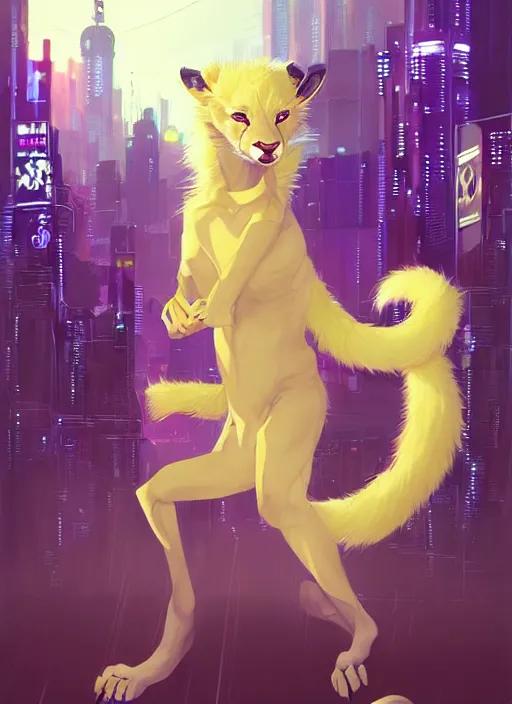 Image similar to award winning beautiful portrait commission of a male furry anthro albino mountain lion fursona with a tail and a cute beautiful attractive detailed furry face wearing stylish cyberpunk clothes in a cyberpunk city at night while it rains. Yellow and Purple. Character design by charlie bowater, ross tran, artgerm, and makoto shinkai, detailed, inked, western comic book art