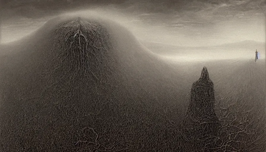 Image similar to the reaper of souls, landscape artwork by zdzislaw beksinski. intricate details. horror