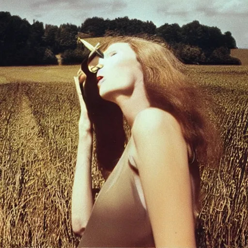 Prompt: beautiful woman with a long dangly nose, with extra eyeballs, in the countryside 1974 arthouse film, archival footage, technicolor film expired film