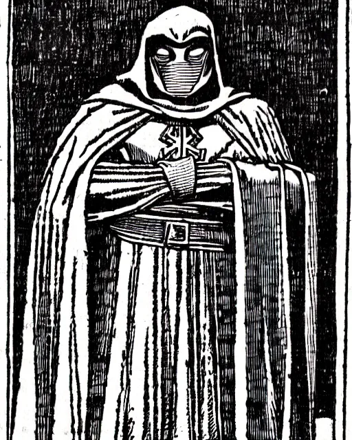 Prompt: b & w woodcut of doctor doom from the nuremberg chronicle, 1 4 9 3, restored, hq scan