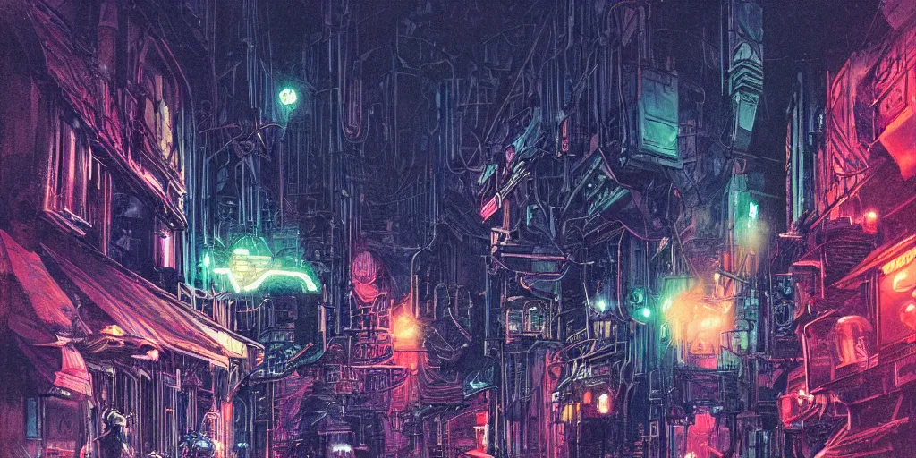 Image similar to futuristic steampunk alley , dark tall people, night, colored neons, mist, video screens, street lights, cinematic, star wars, illustration by moebius and Bill Sienkiewicz