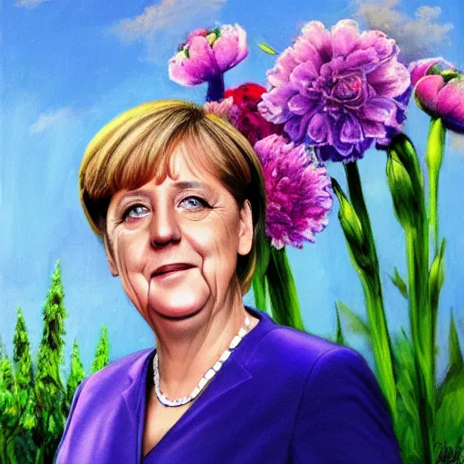 Prompt: a portrait of Angela Merkel with flowers grow out of hair, roses peonies forget-me-nots dahlias lupins gladioli, sky theme in background, by Alexandr Averin, Digital Art, Trending on artstation