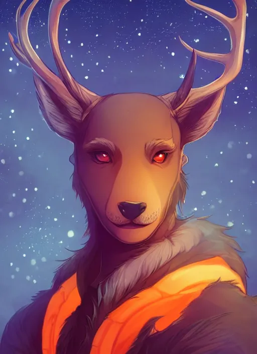 Image similar to award winning beautiful portrait commission of a male furry anthro Black Reindeer fursona with a tail, wings and a cute beautiful attractive detailed furry face wearing stylish black and orange galaxy clothes in a outerspace city at night while it rains. Character design by charlie bowater, ross tran, artgerm, and makoto shinkai, detailed, inked, western comic book art