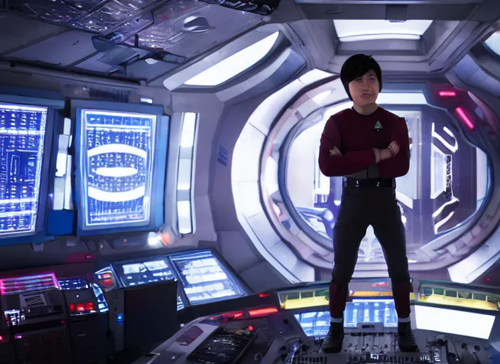 Prompt: Hiro Hamada plays as captain in Star Trek Discovery, engine room and warp core in the background, 35mm photography, highly detailed, cinematic lighting, 4k