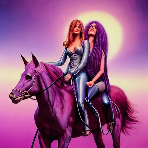 Image similar to painting of a very beautiful woman riding a centaur,, and a purple coloured leather jacket, one side haircut, long brown hair with light blue ends, portrait, hyperdetailed, artstation, cgsociety, synthwave by tangerine dream, by jean - michel jarre, by vangelis, by john carpenter