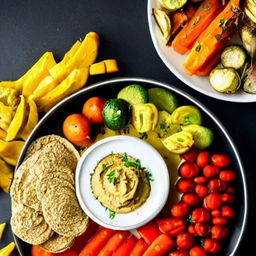 Image similar to a hummus plate with roasted vegetables, food photography