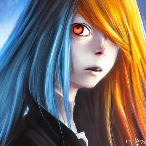 Prompt: full face shot of rimuru tempest, sky blue straight hair, long bangs, amber eyes, wearing a fancy black jacket, high collar, ultra detailed, brush strokes, digital painting, cinematic, wlop artstation, closeup, pixiv, eerie, scary, intimidating, evil, yoshitaka amano, junji ito,