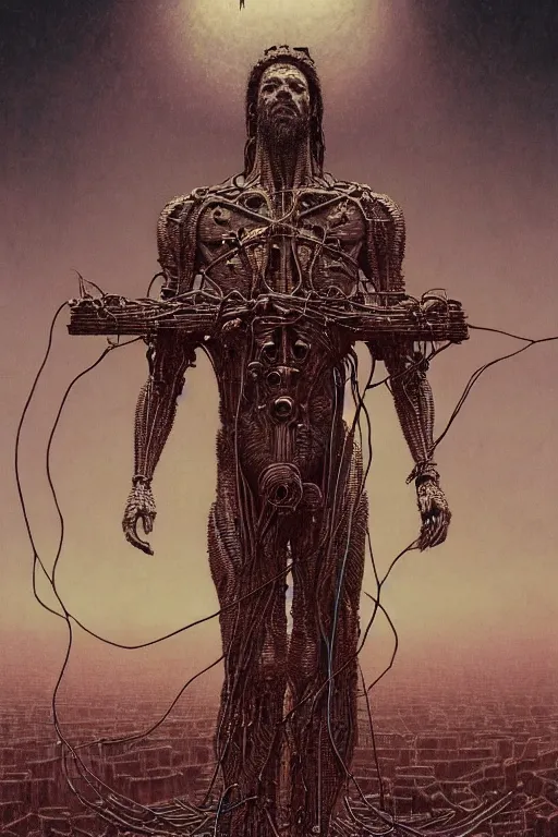 Image similar to full body shot of a cybernetic jesus on the cross, wires, cyberpunk art by beksinski and szukalski and giger and seb mckinnon and dan mumford and wlop and josan gonzalez, digital art, highly detailed, intricate, sharp focus, trending on artstation hq, deviantart, pinterest, unreal engine 5, 4 k uhd image