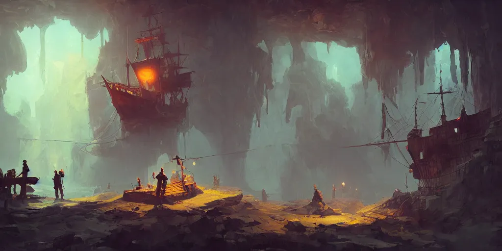 Prompt: a pirate ship found in an underground vast cavern, dynamic lighting, spotlight, digital art, cinematic, oil on canvas, frank frazetta simon stalenhag, mandy jurgens, wlop, cgsociety, artstation