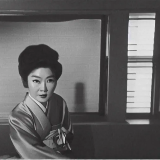 Image similar to The 1960s actress Choi Eun-Hee in a hanbok sitting on a couch, ultrawide 14mm shot, the room is dimly-lit and a starfish arm reaches through the window, minimal cinematography by Akira Kurosawa, movie filmstill, 1950s film noir, thriller by Kim Jong-il and Shin Sang-ok, monster horror movie