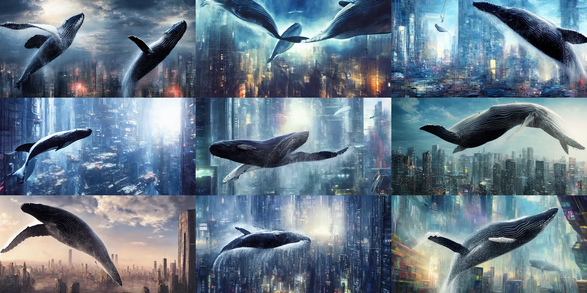 Prompt: a beautiful painting of a humpback whale suspended in mid air near a skycraper, cyberpunk city, hyperrealistic!, realistic, cinematic shot, volumetric light, detailed, epic