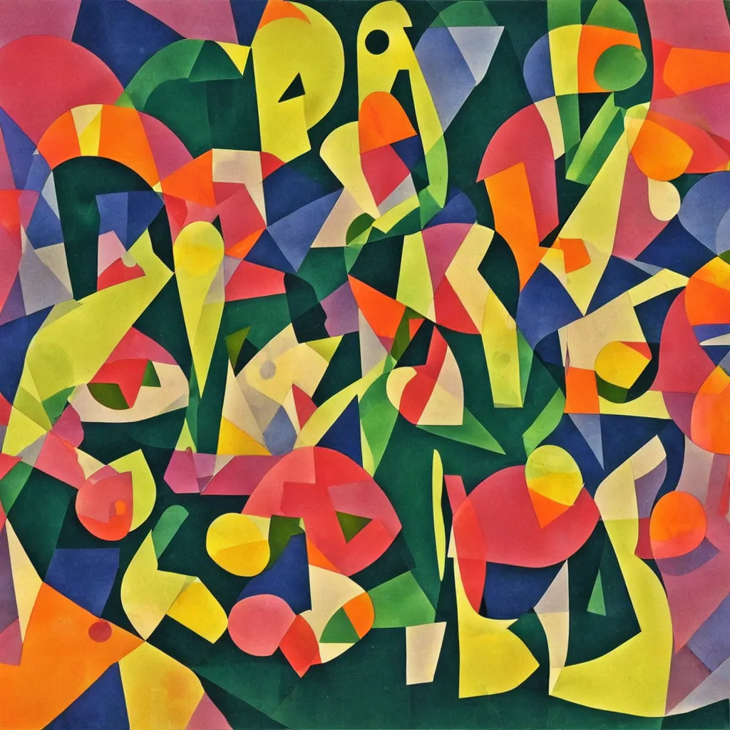 Prompt: apples and mangos in the style of eileen agar and olexander archipenko, noise, stroke cutout album cover art