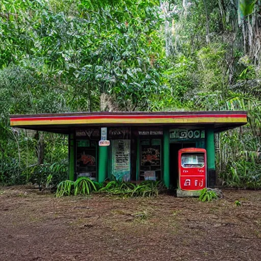 Image similar to An old Gas station in a dense jungle