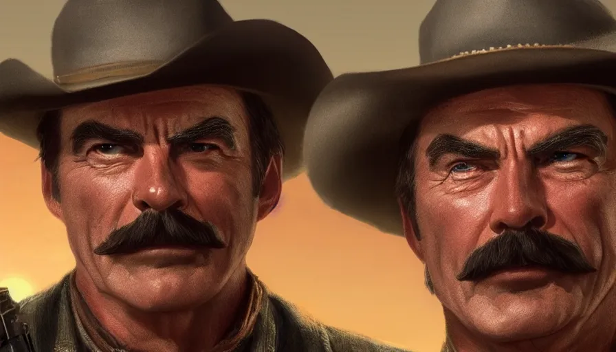 Prompt: tom selleck in a western movie, hyperdetailed, artstation, cgsociety, 8 k