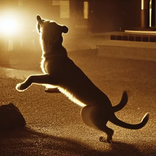 Image similar to puppy ninja warrior, majestic pose, dramatic lighting, cinematic scene