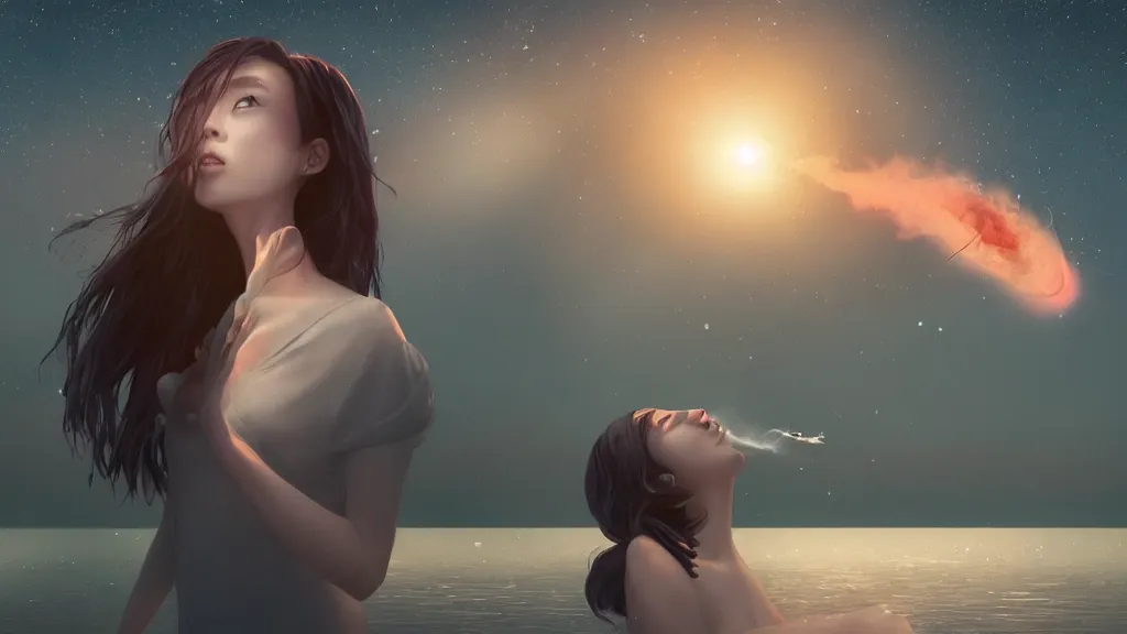 Image similar to whimsical, a beautiful playful woman, wearing professional makeup, standing in a lake, blowing smoke, under the stars, with a binary black hole with a ring in the sky, by Studio Ghibli, by Greg Rutkowski, by Steve Argyle, face enhance, volumetric lighting, 4k resolution, octane render, trending on artstation