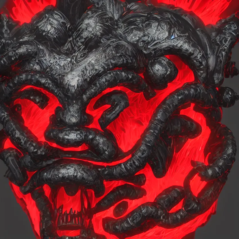 Prompt: a black symmetrical centered Japanese traditional oni mask, kintsugi, ornate, details, smooth, sharp focus, illustration, realistic, cinematic, artstation, award winning, rgb , unreal engine, octane render, cinematic light, macro, depth of field, blur, red cloud light, 8K,