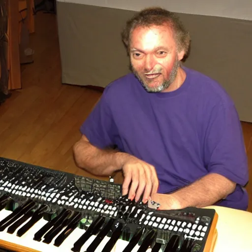 Prompt: Richard D. James playing with his homemade synthesizers