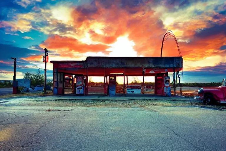 Image similar to a sunset light landscape with historical route 6 6, lots of sparkling details and sun ray ’ s, blinding backlight, smoke, volumetric lighting, colorful, octane, 3 5 mm, abandoned gas station, old rusty pickup - truck, beautiful epic colored reflections, very colorful heavenly, softlight