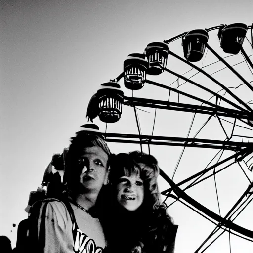 Image similar to nostalgic 8 0 s nikon photo of a young couple waiting in line by a ferris wheel, sunset, small town carnival in the midwest