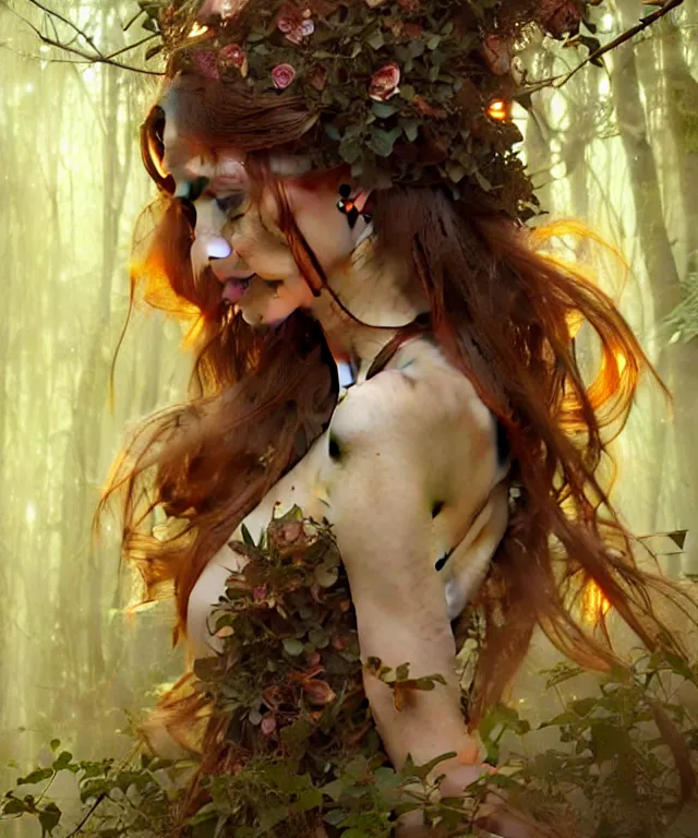 Image similar to Forest nymph woman portrait, amber eyes, face, long hair, fantasy, intricate, elegant, highly detailed, digital painting, artstation, concept art, smooth, sharp focus, illustration, art by artgerm and greg rutkowski and alphonse mucha