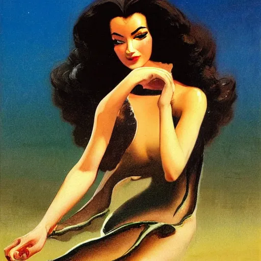 Prompt: a oil painting of a fair skin with dark curly stylised hair queen wearing dress, by hans emmenegger, by bruce pennington, by eyvind earle, by nicholas roerich, by frank frazetta, by georgia o keeffe, by dean cornwell, highly detailed, realistic, concept art, jewels, oriental, desaturated