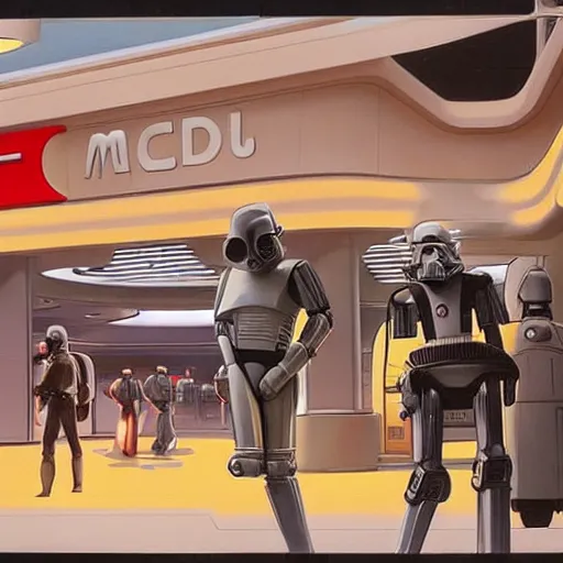 Prompt: intricately detailed ralph mcquarrie concept art of a futuristic mcdonalds with the golden arches displayed. a space station is seen off in the distance with various droids and people walking in the foreground. a trooper is seen holding a brown mcdonalds bag.