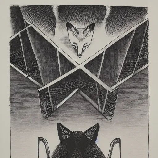 Prompt: the fox was the most canny of creatures, lithograph, watercolors, ink, m.c. escher, moebius